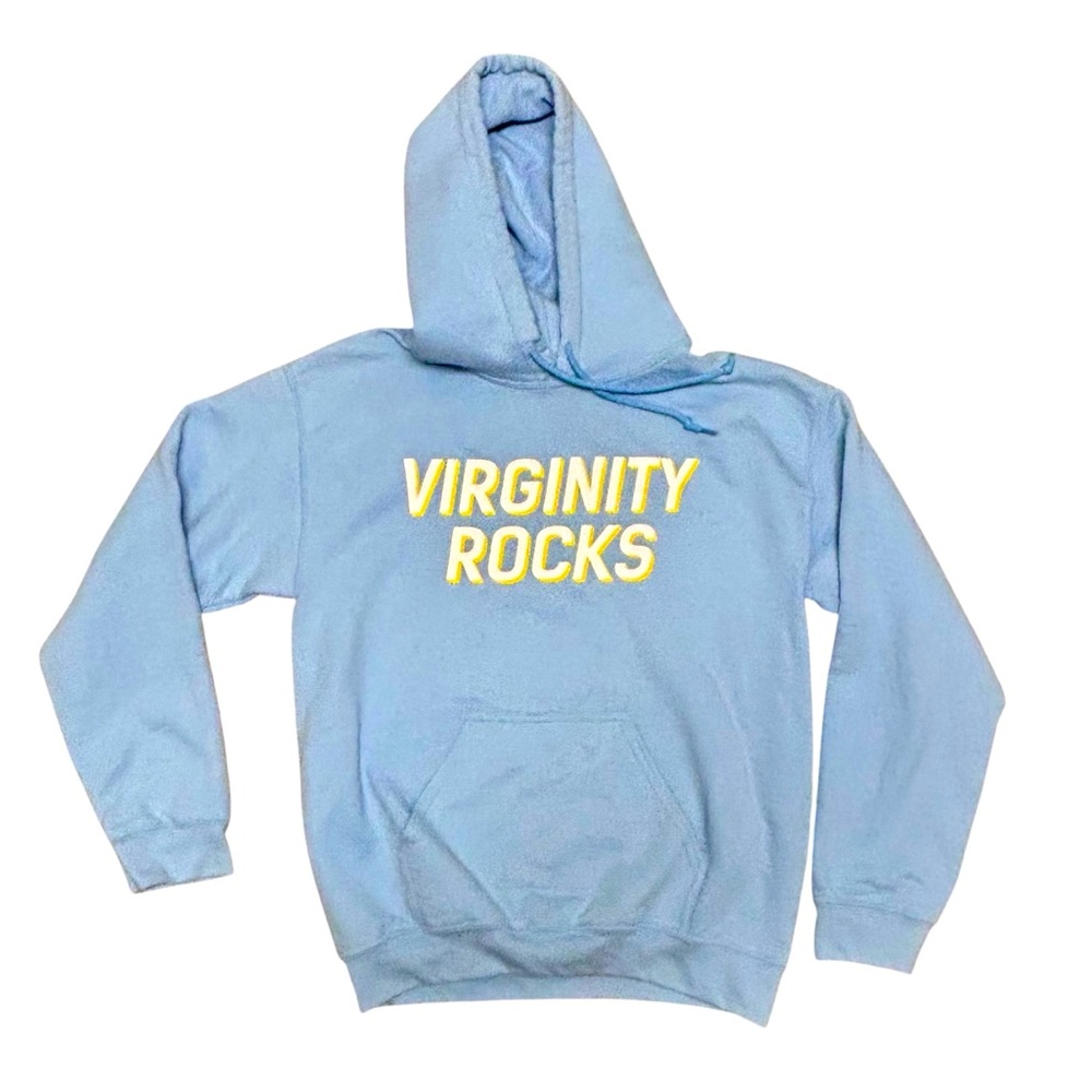 Virginity Rocks Hooded Sweatshirt by Danny Duncan Light Blue Size Small Unisex